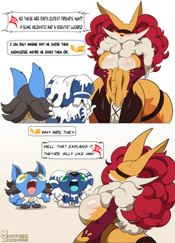 anthro big_breasts big_eyes blindfold blue_tongue breasts clothing coat female fluffy group inner_monologue lab_coat looking_at_another male male/female pseudo_clothing silly_face slime thinking tongue topwear trio yapping moisesgrafic nintendo pokemon aoi_the_slimecat serena_za_warudo_(genozawarudo) delphox generation_4_pokemon generation_6_pokemon lucario meowstic pokemon_(species) 2_frame_animation animated animated_comic animated_gif comic hi_res meme short_playtime