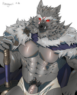 abs anthro barazoku biceps big_muscles cape claws clothed clothing erection erection_under_clothing fur genitals huge_muscles looking_at_viewer male melee_weapon muscular muscular_anthro muscular_male navel nipples obliques pecs penis pubes scar simple_background solo standing sword teeth topless topless_anthro topless_male tuft underwear vein veiny_muscles veiny_penis weapon white_background lupus5903 nekogaki0324 elden_ring fromsoftware blaidd_(elden_ring) canid canine canis mammal wolf 2022 dated hi_res signature