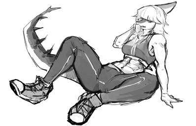 anthro athletic athletic_anthro athletic_female bodily_fluids bone_frill bottomwear bra breasts clothed clothed_anthro clothed_female clothing female fingers footwear frill_(anatomy) hair humanoid_hands leaning leaning_backward long_hair long_tail looking_at_viewer looking_back medium_breasts non-mammal_breasts pants plantigrade shoes simple_background sitting solo spiked_tail spikes spikes_(anatomy) sports_bra spread_legs spreading sweat sweatdrop sweaty_body tail tired underwear white_background dustinn_draws cavemanon_studios i_wani_hug_that_gator mia_moretti dinosaur hadrosaurid ornithischian ornithopod parasaurolophus prehistoric_species reptile scalie full-length_portrait greyscale monochrome portrait shaded sketch