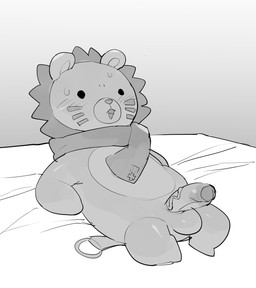 anthro balls blush bodily_fluids erection foreskin genitals humanoid_genitalia humanoid_penis lying male medallion on_back open_mouth partially_retracted_foreskin penis plushie scarf solo sweat sweatdrop young masshiro 07th_expansion umineko_when_they_cry when_they_cry sakutaro_(umineko) animate_inanimate felid lion living_plushie mammal pantherine absurd_res greyscale hi_res monochrome