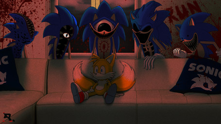 anthro blood bodily_fluids clone clothing creepy demonic footwear furniture gloves group handwear horror_(theme) male multi_tail nightmare_fuel on_sofa pillow shoes sitting sitting_on_sofa sofa tail text window worried ragnarium creepypasta piper_perri_surrounded sega sonic.exe_(creepypasta) sonic_the_hedgehog_(series) miles_prower sonic.exe sonic.eyx sonic.ribs canid canine eulipotyphlan fox hedgehog mammal 16:9 hi_res meme widescreen