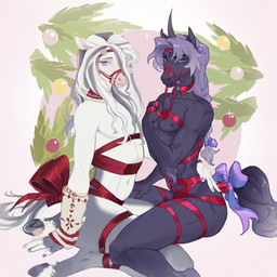 anthro bedroom_eyes bound bow_ribbon bridle duo femboy fur gift_wrapped hair half-closed_eyes holidays hooves horn looking_at_viewer male narrowed_eyes navel nipples nude pecs ribbons seductive simple_background sitting smile tail neisa christmas mythology equid equine horse mammal mythological_creature mythological_equine unicorn digital_media_(artwork) hi_res