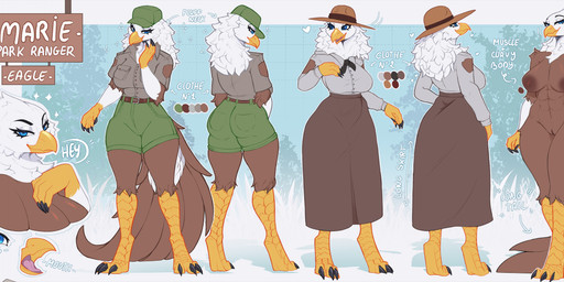 abs anthro beak big_breasts blue_eyes bottomwear breasts brown_body brown_feathers clothing collared_shirt color_swatch dark_nipples digitigrade dress_shirt feathers feet female genitals hat headgear headwear long_skirt multiple_poses muscular muscular_anthro muscular_female navel nipples non-mammal_breasts non-mammal_navel non-mammal_nipples park_ranger pose scuted_hands scuted_legs scutes shirt shorts skirt solo tail tail_feathers talons text thick_thighs toes toned_belly topwear uniform vulva white_body white_feathers wide_brim_hat wide_hips yellow_beak litchie_d marie_fisher_(spyglass8) accipitrid accipitriform avian bald_eagle bird eagle sea_eagle absurd_res english_text hi_res model_sheet