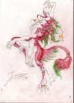 blue_eyes claws colored_pencil_(artwork) dancing ear_piercing female hair hi_res jessa jewelry kredri long_hair mammal necklace nude open_mouth piercing ring sergal solo tail tongue tongue_out traditional_media_(artwork)