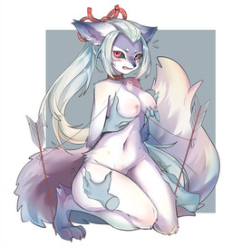 accessory anthro areola arrow_(weapon) black_nose black_sclera blush bodily_fluids breast_grab breasts claws collar disembodied_hand female female_anthro fluffy fluffy_tail genitals grabbing_both_legs grabbing_both_thighs hair hair_accessory hair_ribbon hand_on_breast hands_behind_back kneeling looking_at_viewer navel nipples nude open_mouth pink_nipples ranged_weapon red_eyes ribbons snout sweat tail teeth vulva weapon white_body yuanmin canid canine fox mammal 2022
