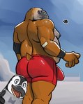 anthro arctic beak big_bulge blue_eyes bottomwear brown_body brown_fur bulge clothed clothing detailed_bulge duo fur furgonomic_bottomwear furgonomics genital_outline male male_focus moobs musclegut muscular muscular_anthro muscular_male outside penis_outline proboscis_(anatomy) short_tail smile solo_focus tail trunk_(anatomy) underwear underwear_only hunter-husky happy_feet bryan_(happy_feet) mumble avian bird elephant_seal mammal marine penguin pinniped seal hi_res