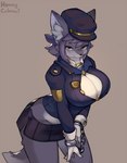 anthro big_breasts blush bottomwear breasts brown_background cleavage clothed clothing cuff_(restraint) female fingers fur grey_body grey_fur hair handcuffs kemono looking_at_viewer metal_cuffs police purple_body purple_fur purple_hair restraints shackles simple_background skirt snout solo uniform yellow_eyes honeycalamari canid canine mammal 2019 hi_res