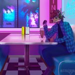 anthro antlers beverage blue_bottomwear blue_clothing blue_pants blue_shirt blue_topwear bottomwear brown_body brown_fur brown_hair clothed clothing detailed_background diner flannel_shirt footwear fur furgonomic_footwear furgonomics green_body green_eyes green_fur hair horn inside male male_anthro milkshake palm_tree pants pattern_clothing pattern_shirt pattern_topwear plaid plaid_clothing plaid_shirt plaid_topwear plant restaurant shirt sitting snout solo tan_body tan_fur topwear tree window literaldeerirl ilex_(literaldeerirl) deer mammal new_world_deer white-tailed_deer 1:1 2022 adobe_photoshop_(artwork) artist_name digital_media_(artwork) digital_painting_(artwork) hi_res shaded