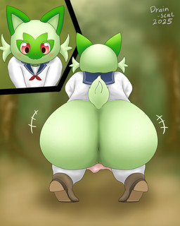 anthro anus big_butt bottomless butt clothed clothing female footwear forest fur genitals green_body green_fur multicolored_body outside plant pokemorph rear_view red_eyes school_uniform shoes solo tree two_tone_body uniform vulva young young_female drain_scat nintendo pokemon domestic_cat felid feline felis generation_9_pokemon mammal pokemon_(species) sprigatito 4:5 absurd_res hi_res