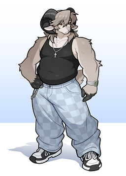 anthro belly biped bottomwear clothed clothed_male clothing cross cross_necklace curved_horn fingers footwear front_view fully_clothed fully_clothed_male fur gradient_background grey_body grey_fur grey_hair hair hooved_fingers hooves horizontal_pupils horn jewelry male musclegut muscular muscular_anthro muscular_male necklace pants pupils shirt shoes simple_background slightly_chubby slightly_chubby_anthro slightly_chubby_male sneakers solo standing tank_top topwear budoti bovid caprine mammal sheep absurd_res hi_res