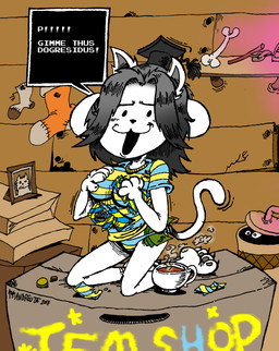 anthro beverage big_breasts biped board bone box breasts candy claws clothed clothing coin container cup dessert dialogue female food footwear fur gold_(metal) gold_coin grey_body grey_fur hair hat headgear headwear humor legwear looking_at_viewer money nails open_mouth panties paws picture_frame shirt socks solo standing tea text topwear trash_can underwear white_body white_fur andreu-t undertale undertale_(series) temmie_(undertale) felid mammal tem 2017 digital_media_(artwork) english_text hi_res