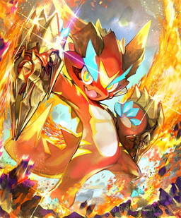 ambiguous_gender anthro armor claws detailed_background fire gesture hand_gesture horn looking_at_viewer markings pointing pointing_at_self pose red_body smile solo tail nejita cygames mythology shadowverse dragnir_(shadowverse) dragon mythological_creature mythological_scalie scalie