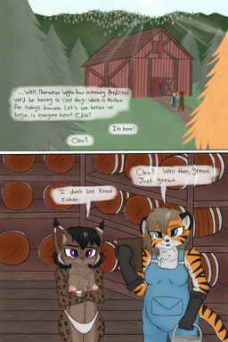 anthro barn barrel breasts casual_exposure chest_tuft clock clothed clothing crossed_arms dialogue ear_tuft female fur gloves handwear markings nature nature_background nipples overalls plant purple_eyes small_breasts spots spotted_body spotted_fur striped_body striped_fur stripes text topless topless_female tree tuft underwear underwear_only watch lerasmel augusta_(lerasmel) background_character lyra_(lerasmel) felid feline lynx mammal pantherine tiger comic digital_drawing_(artwork) digital_media_(artwork) english_text hi_res
