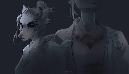 anthro clothed clothing eyelashes female mouth_closed narrowed_eyes open_clothing open_topwear simple_background solo text topwear unknowhiter canid canine mammal 2021 artist_name dated hi_res monochrome