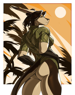 anthro bodysuit butt butt_focus clothing female muscular muscular_female palm_tree plant skinsuit solo summer sunset swimwear tight_clothing tree yunnylynx mythology dragon mythological_creature mythological_scalie scalie absurd_res hi_res