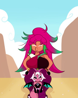 big_breasts black_sclera black_wings boob_hat bottom_heavy breasts clothed clothing dipstick_hair duo eyelashes eyes_closed female front_view green_hair green_wings hair hands_on_hips horn huge_breasts long_hair membrane_(anatomy) membranous_wings open_mouth open_smile pink_body pink_eyes pink_hair pink_horn shortstack size_difference small_breasts smaller_female smile tan_body thick_thighs white_hair wide_hips wings fromariels cookie_run mythology lychee_dragon_cookie rambutan_cookie animal_humanoid cookie_(cookie_run) dragon dragon_humanoid humanoid mythological_creature mythological_scalie scalie absurd_res hi_res