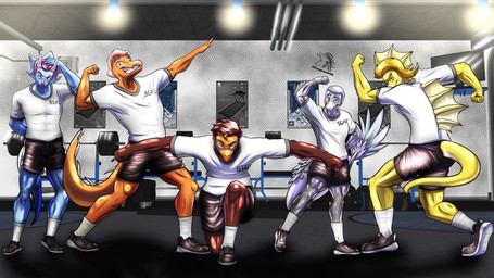 3_horns anthro blonde_hair blue_body blue_scales bottomwear brown_body brown_hair brown_scales clothing detailed_background dorsal_frill elbow_feathers facial_hair facial_horn feathered_tail feathers footwear frill_(anatomy) glistening glistening_arms glistening_body glistening_legs glistening_scales grey_body grey_eyes grey_feathers grey_hair grey_scales group gym hair head_crest head_frill horn inside kneeling long_tail looking_at_viewer male multi_horn mustache nose_horn orange_body orange_scales pose purple_eyes purple_hair scales shoes short_hair shorts smile sneakers snout spiked_tail spikes spikes_(anatomy) tail tail_tuft text tuft yellow_body yellow_eyes yellow_scales fuegosonic93 theriz_always_a_choice demetrius_(taac) gordon_(taac) kaleb_(taac) koichi_(taac) samson_(taac) avian baryonyx bird ceratopsian ceratopsid chasmosaurine columbid dinosaur dodo dodo_bird dromaeosaurid feathered_dinosaur feathered_scalie marginocephalian microraptor ornithischian prehistoric_species recently_extinct_species reptile saurischian scalie spinosaurid spinosaurus theropod triceratops 16:9 2025 artist_name hi_res watermark widescreen