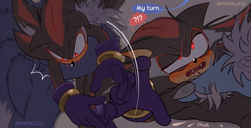 anthro bite blush blush_lines bodily_fluids carrying_another confusion duo fangs fur hand_on_chest male male/male question_mark shoulder_bite speech_bubble sweat sweatdrop teeth text shipslucia sega sonic_the_hedgehog_(series) sonic_unleashed shadow_the_hedgehog sonic_the_hedgehog sonic_the_werehog eulipotyphlan hedgehog mammal vampire werecreature wereeulipotyphlan werehog hi_res