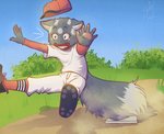 5_fingers anthro baseball_(sport) baseball_cap baseball_uniform big_tail black_body black_fur bodily_fluids bottomwear brown_eyes clothing detailed_background dust fingers fluffy fluffy_tail footwear fur hat headgear headwear male markings multicolored_body multicolored_fur open_mouth outside pants pawpads shirt shoes socks solo sport sportswear tail tears text text_on_clothing text_on_hat text_on_headwear topwear two_tone_body two_tone_fur uniform white_body white_fur young young_anthro young_male otorigin lemmy_(lemmy_niscuit) mammal mephitid skunk spotted_skunk english_text hi_res