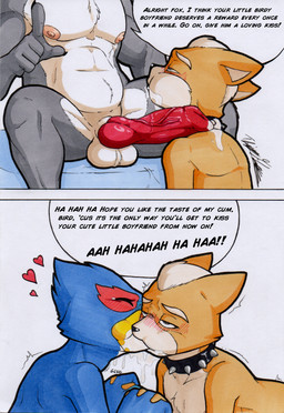 animal_genitalia animal_penis anthro balls beak big_penis blue_body blue_feathers blush bodily_fluids canine_genitalia canine_penis collar cuckold cum cum_drip cum_in_mouth cum_inside dialogue dripping duo erection feathers fur genital_fluids genitals grey_body heart_symbol kissing male male/male nipples nude penis simple_background sitting snowballing spiked_collar spikes text vein veiny_penis white_background rotten_owl nintendo star_fox falco_lombardi fox_mccloud wolf_o'donnell avian bird canid canine fox mammal absurd_res comic english_text hi_res traditional_media_(artwork)