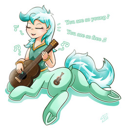 acoustic_guitar butt cutie_mark dialogue eyes_closed female flat_chested fur green_body green_fur green_hair guitar guitar_pick hair hooves musical_instrument open_mouth playing_guitar playing_music plucked_string_instrument simple_background singing solo string_instrument text underhoof white_background vavacung european_mythology friendship_is_magic greek_mythology hasbro my_little_pony mythology fan_character centaur equid equid_taur humanoid_taur mammal mammal_taur taur 2017 english_text