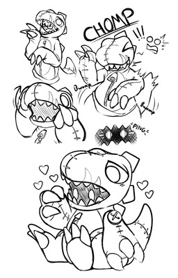 ambiguous_gender anthro clothing costume eyewear glasses glowing glowing_eyes growth heart_symbol plushie seam_(sewing) shadow_face simple_background sitting solo species_transformation suit_transformation takeover transformation zipper shrubie_fox bandai_namco digimon digimon_(species) extyrannomon human mammal 2026 digital_drawing_(artwork) digital_media_(artwork) hi_res monochrome