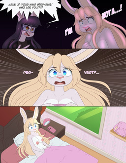 anthro bed blonde_hair blue_eyes bodily_fluids breasts clothed clothed/nude clothed_anthro clothed_male clothing detailed_background dialogue dream duo eyewear female fur furniture glasses hair male nipples nude nude_anthro nude_female on_bed speech_bubble tears text white_body white_fur apinkgrape glamor_to_bare stephan_(neko-eclipse17) stephanie_(neko-eclipse17) lagomorph leporid mammal rabbit absurd_res comic english_text hi_res genderfluid_(lore) gynomorph_(lore) trans_(lore) trans_woman_(lore)