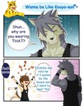 alternate_costume anthro black_clothing black_shirt black_tank_top black_topwear clothing clothing_swap dialogue fur group humor male shirt speech_bubble tank_top text topwear trio yellow_body yellow_fur naruever morenatsu kouya_(morenatsu) shun_(morenatsu) torahiko_(morenatsu) canid canine canis domestic_dog felid husky mammal nordic_sled_dog pantherine spitz tiger wolf 2014 comic english_text hard_translated translated