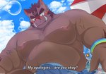 anthro barazoku belly big_belly blush brown_body bulge cloud humanoid_hands kemono male moobs musclegut muscular nipples outside overweight overweight_male solo text bon_donuts knights_college hermann_(knights_college) mammal suid suina sus_(pig) wild_boar 2022 english_text hi_res