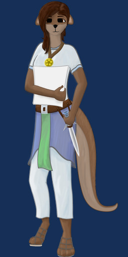 anthro belt brown_hair clothed clothing dagger female footwear hair jewelry looking_at_viewer melee_weapon necklace paper sandals shoes solo standing weapon cansinodx olivia_(cansinodx) mammal mustelid otter alpha_channel hi_res