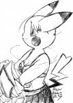 adolescent anthro anthrofied asian_clothing black_nose bottomwear bra breasts cleft_tail clothed clothing east_asian_clothing female hair japanese_clothing japanese_school_uniform pokemorph school_uniform skirt smile solo tail underwear undressing uniform young g-sun nintendo pokemon generation_1_pokemon mammal pikachu pokemon_(species) rodent black_and_white monochrome