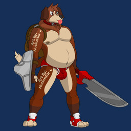 anthro backpack balls balls_outline briefs briefs_only bulge clothed clothing collar detailed_bulge floppy_ears footwear genital_outline genitals male melee_weapon nipples penis penis_outline shield shoes slightly_chubby slightly_chubby_male sneakers solo standing sword tongue tongue_out topless underwear underwear_only weapon conditional_dnp notkastar canid canine canis domestic_dog mammal molosser mountain_dog saint_bernard 1:1 alpha_channel