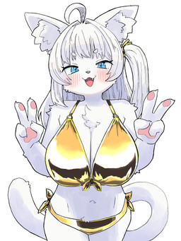 4_fingers anthro arm_tuft big_breasts bikini blue_eyes breasts clothing double_v_sign eyebrows eyelashes female fingers gesture gold_bikini hair hand_gesture handpaw huge_breasts inner_ear_fluff kemono navel paws shoulder_tuft side-tie_bikini solo string_bikini swimwear thigh_gap tuft two-piece_swimsuit v_sign white_body white_hair super_neko_t golden_week domestic_cat felid feline felis mammal 2026 3:4 absurd_res hi_res