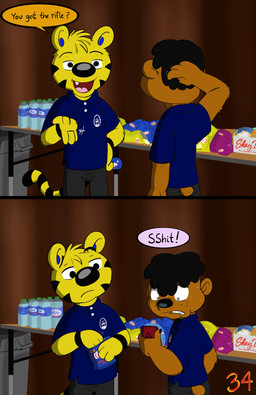 anthro auditorium brown_body brown_fur cellphone chips_(food) dialogue duo earbuds electronics food fur grin headphones looking_at_another male phone school scratching_head smile snack student text yellow_body yellow_fur young young_anthro sandune willie_and_michael alfred_tiger willie_munk bear felid mammal pantherine tiger comic english_text handwritten_text hi_res