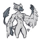 4_ears alternate_species anthro avali barbell_piercing blue_eyes catsby_mcyifferson chest_tuft circular_barbell_piercing colored_sketch digital_media_(artwork) facial_piercing feathered_wings feathers featureless_crotch flat_colors grey_body grey_feathers head_tuft hi_res humanoid_hands male male_anthro multi_ear muscular muscular_anthro muscular_male navel nose_piercing nude pecs piercing portrait septum_circular_barbell septum_piercing simple_background sketch snout solo tail tail_tuft three-quarter_portrait tuft white_background winged_arms wings wolfade