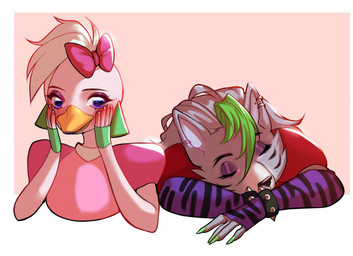 anthro beak black_eyebrows black_nose blue_eyes blush border bow_ribbon claws clothed clothing duo ear_piercing eyebrows female fur green_claws grey_body grey_fur grey_hair hair hand_on_face multicolored_hair orange_beak piercing shirt simple_background sleeping tan_background topwear white_body white_border white_hair iam3d five_nights_at_freddy's five_nights_at_freddy's:_security_breach scottgames steel_wool_studios glamrock_chica roxanne_wolf avian bird canid canine canis chicken galliform mammal phasianid wolf shaded