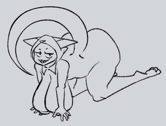 all_fours anthro big_breasts big_butt breasts butt feet female hanging_breasts hindpaw hood huge_breasts huge_butt hyper hyper_breasts hyper_butt looking_at_viewer mostly_nude_anthro mostly_nude_female paws sharp_teeth smile smirk solo tail teeth thick_thighs coalcat reptile scalie 2026 digital_drawing_(artwork) digital_media_(artwork) monochrome sketch