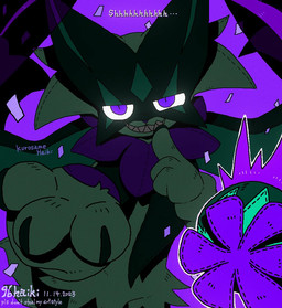 3_fingers ambiguous_gender anthro claws finger_claws fingers flower_(anatomy) flower_trick fur green_body green_fur looking_at_viewer mask pawpads paws purple_eyes purple_nose solo toothy_grin 96haiki nintendo pokemon generation_9_pokemon meowscarada pokemon_(species) shiny_pokemon 2023