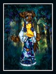 anthro archived_source biped black_border black_nose blue_bottomwear blue_clothing blue_eyes blue_footwear blue_hair blue_pants blue_shoes border bottomwear braided_pigtails brown_body brown_fur brown_hair camo camo_bottomwear camo_clothing camo_pants camo_print canid canine canis clothing detailed_background domestic_dog female footwear fur glamfur grass hair kaz_(vcl) mammal multicolored_hair outside pants pattern_bottomwear pattern_clothing pattern_pants plant shaded shirt shoes solo standing tail tongue tongue_out topwear tree white_border white_clothing white_shirt white_topwear yellow_clothing yellow_shirt yellow_topwear