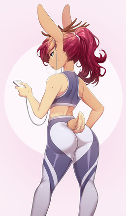 anthro antlers athletic_wear bodily_fluids bottomwear bra breath butt butt_focus clothed clothing cocked_hip earbuds electronics exercise eyebrow_through_hair eyebrows female fully_clothed fur green_eyes hair headphones high_waisted_bottomwear horn leggings legwear midriff pants ponytail portable_music_player red_hair simple_background slim solo sports_bra standing sweat translucent translucent_hair underwear yoga_pants iwbitu apple_inc. ipod jackalope lagomorph mammal 2018 digital_media_(artwork) hi_res portrait three-quarter_portrait