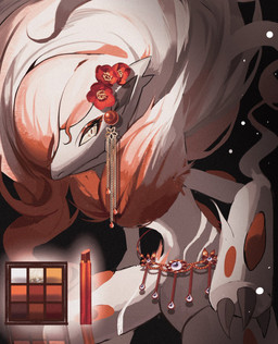 ambiguous_gender anthro claws eyelashes fangs featureless_crotch flower_accessory fur grey_body grey_fur hair jewelry lipstick looking_at_viewer makeup multicolored_hair orange_eyes red_hair simple_background solo teeth two_tone_hair white_hair yellow_sclera mmocc123 nintendo pokemon generation_8_pokemon hisuian_form hisuian_zoroark pokemon_(species) regional_form_(pokemon) 2026 hi_res