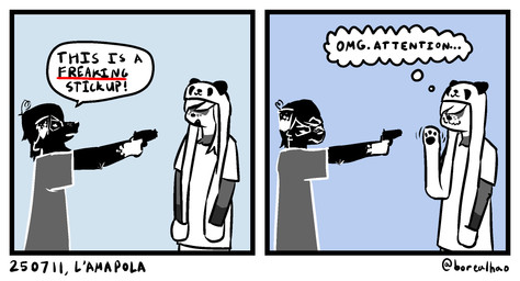 2_panel_comic annoyed anthro black_body black_fur clothing dialogue duo expressive fur gun hat headgear headwear holding_object hoodie looking_at_another open_mouth ranged_weapon simple_background smug_expression speech_bubble text topwear weapon white_background borealhao conditional_dnp lamapola chaz_(lamapola) vinea_(lamapola) bear canid canine canis domestic_dog domestic_ferret giant_panda mammal mustelid musteline true_musteline weasel comic digital_media_(artwork) english_text hi_res meme monochrome