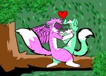 @///@ anthro blush duo fur heart_symbol kissing machine male male/male mint_fur pink_body pink_fur plant simple_background tree white_body white_fur wings starzytheprotogen233 protogen digital_media_(artwork) ibispaint_(artwork)