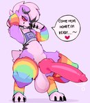 animal_genitalia animal_penis balls big_penis bodily_fluids canine_genitalia canine_penis clothing collar crouching ear_piercing erection fur gender_symbol genital_fluids genitals huge_penis hyper hyper_genitalia hyper_penis knot male male_symbol multicolored_body multicolored_clothing multicolored_fur penis piercing presenting presenting_penis purple_body purple_fur rainbow_clothing red_eyes smile solo symbol talking_to_viewer text white_body white_fur neceet nintendo pokemon donnie_(cosmicmewtwo) canid canine generation_7_pokemon lycanroc mammal midnight_lycanroc pokemon_(species) absurd_res english_text hi_res