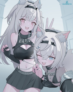 accessory ahoge animal_ears bare_shoulders bent_over big_breasts black_bottomwear black_bra black_bracelet black_choker black_clothing black_jewelry black_nails black_necklace black_skirt black_sleeves black_underwear blue_eyes blush bottomwear bra bracelet breasts choker cleavage clothed clothing collar colored_nails crop_top cute_fangs fake_horns fangs female fluffy_ears hair hair_accessory hair_between_eyes jewelry long_hair nails navel necklace one_eye_closed open_mouth pink_eyes pose shirt short_hair skirt small_breasts tail teeth topwear translucent translucent_clothing underwear white_hair zambonito hololive hololive_en vtuber fuwawa_abyssgard mococo_abyssgard animal_humanoid canid canid_humanoid canine canine_humanoid dog_humanoid humanoid mammal mammal_humanoid absurd_res hi_res