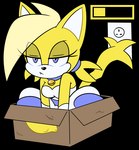 anthro behaving_like_a_cat bell bell_collar biped black_nose blue_eyes box breasts cardboard cardboard_box charging clothed clothing collar container cute_fangs fangs female hair half-closed_eyes medium_breasts narrowed_eyes power_outlet short_hair sitting_in_box solo tan_hair teeth unimpressed white_clothing yellow_body hyoumaru sega sonic_the_hedgehog_(series) domestic_cat felid feline felis mammal 2025 2d_animation alpha_channel animated