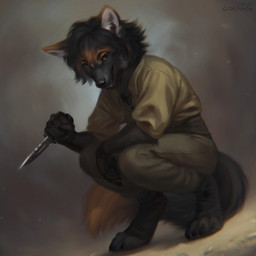 anthro black_hair black_nose bottomwear brown_bottomwear brown_clothing brown_pants clothed clothing crouching fur glistening glistening_eyes grey_body grey_fur hair holding_knife holding_object knife looking_at_viewer male open_mouth open_smile orange_body orange_fur pants simple_background smile solo three-quarter_view topwear yellow_clothing yellow_topwear lostgoose canid canine fox mammal 1:1 2023 absurd_res dated hi_res signature