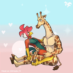 3_toes 5_fingers anthro beak butt claws duo eye_contact feet fingers gradient_background hand_on_leg hand_on_thigh hooves kiss_on_lips kissing looking_at_another male male/male navel nude side_view simple_background smile text toes zaryuzu_73 dabari_(zaryuzu_73) fern_(zaryuzu_73) avian bird chicken galliform giraffe giraffid mammal phasianid 1:1 animated digital_media_(artwork) low_res
