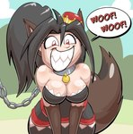 anthro black_hair breasts chained_collar cleavage clothed clothing crown eyelashes female gloves grin hair handwear headgear looking_at_viewer outside red_eyes smile solo super_crown tail tempestryder mario_bros nintendo chain_chomp
