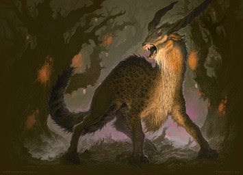 ambiguous_gender brown_body brown_fur claws creepy detailed_background feral forest fur hooves horn markings outside plant quadruped red_eyes sharp_teeth solo spots spotted_body tail teeth tree john_tedrick hasbro magic:_the_gathering wizards_of_the_coast bovid caprine felid goat hybrid mammal absurd_res hi_res official_art